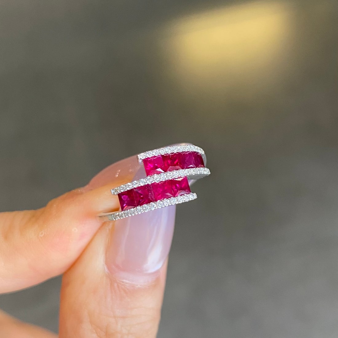 14k Gold 1.17 Ct Natural Ruby & Diamond Ring: Ref:231112412 // gold content:14k gold // ring size:7. 25us // // main gemstone:ruby // shape:princess // carat weight:1. 17ct // color:red // treatment:natural // // adjacent gemstone 2 : diamond