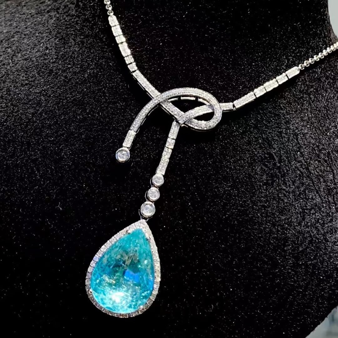 14k Gold 8.54 Ct Natural Paraiba Tourmaline & Diamond Necklace - 2