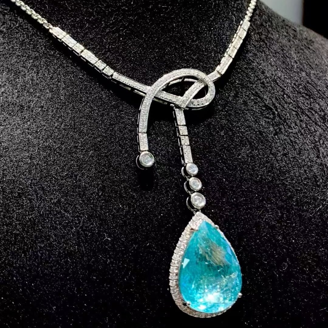 14k Gold 8.54 Ct Natural Paraiba Tourmaline & Diamond Necklace - 4
