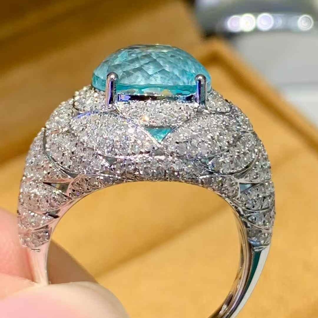 14k Gold 7.19 Ct Natural Paraiba Tourmaline & Diamond Ring - 4