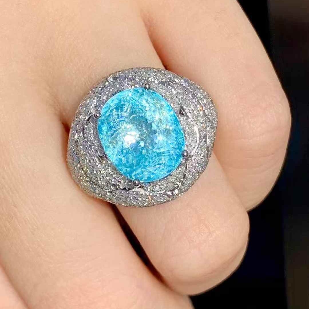 14k Gold 7.19 Ct Natural Paraiba Tourmaline & Diamond Ring - 6