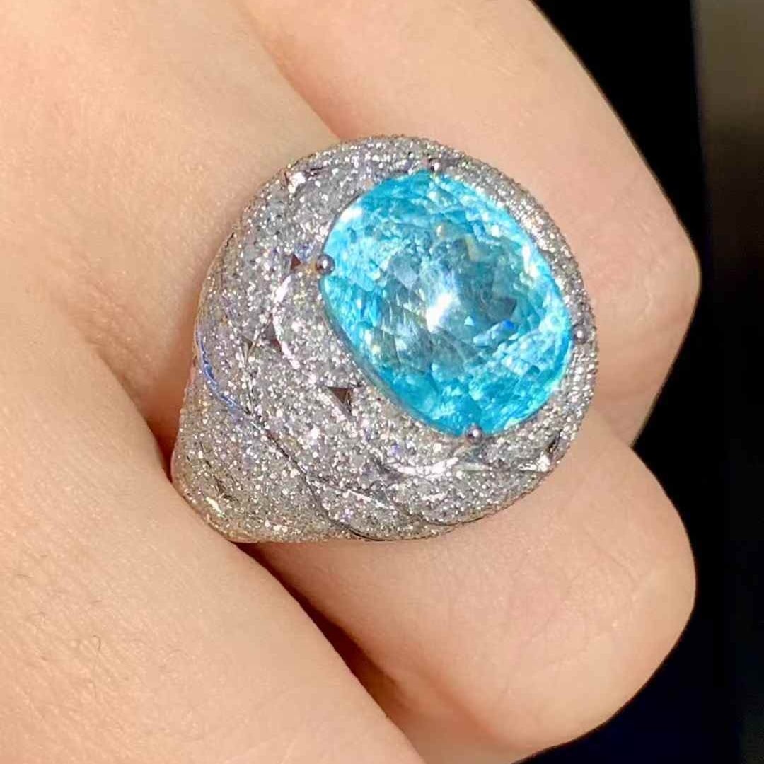 14k Gold 7.19 Ct Natural Paraiba Tourmaline & Diamond Ring - 7