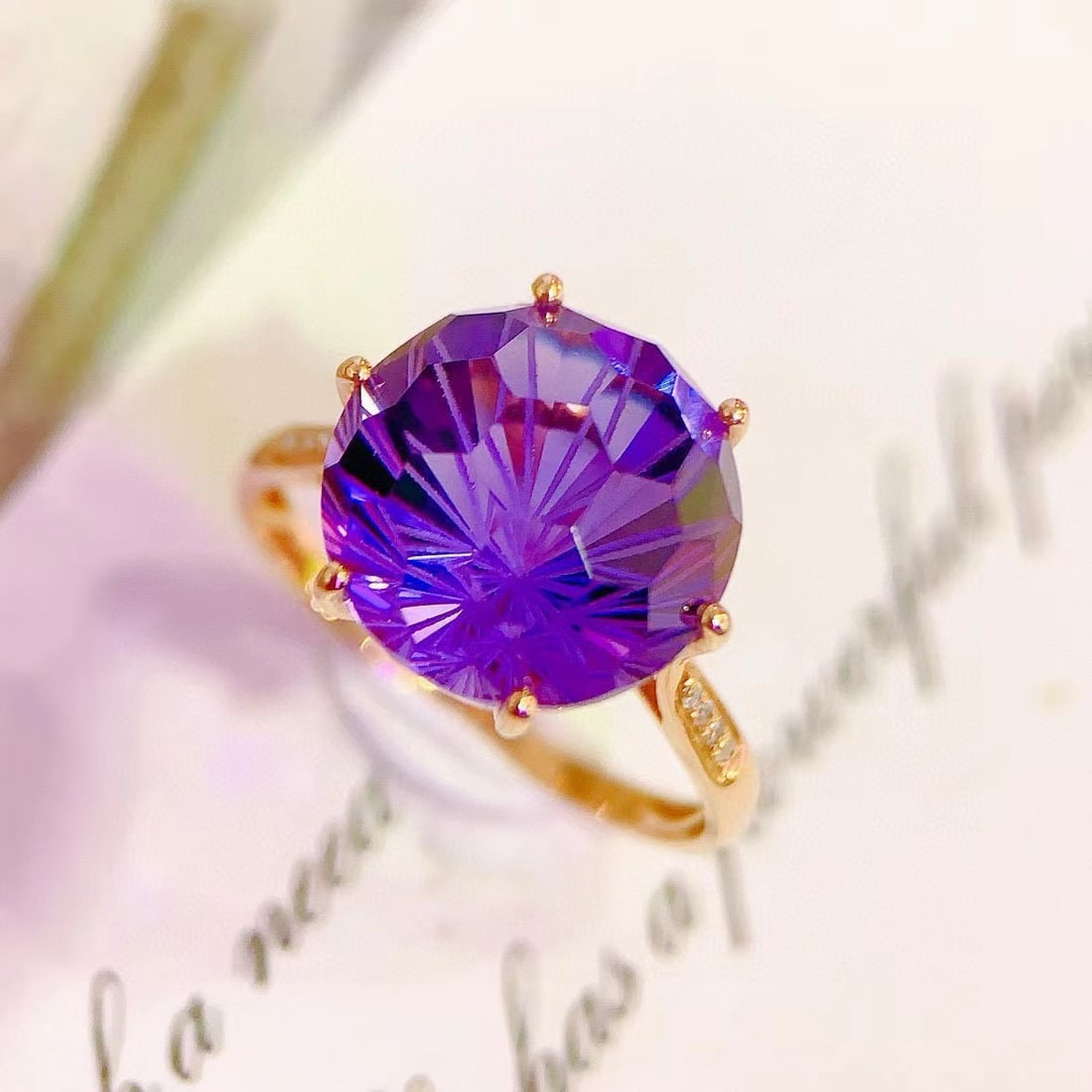 14k Gold 7.15 Ct Natural Amethyst & Diamond Ring: Ref:231085060 // gold content:14k gold // ring size:7. 25us // // main gemstone:amethyst // shape:round // carat weight:7. 15ct // color:purple // treatment:natural // cut grade:g // // adjacent