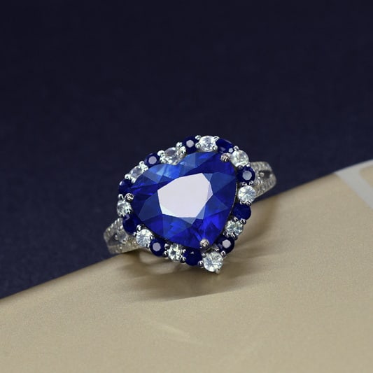 14k Gold 3.78 Ctw Natural Sapphire & Diamond Ring: Ref:231085067 // gold content:14k gold // ring size:7. 25us // // main gemstone:sapphire // shape:heart // carat weight:3. 70ct // color:blue // treatment:natural // // adjacent gemstone 2 :