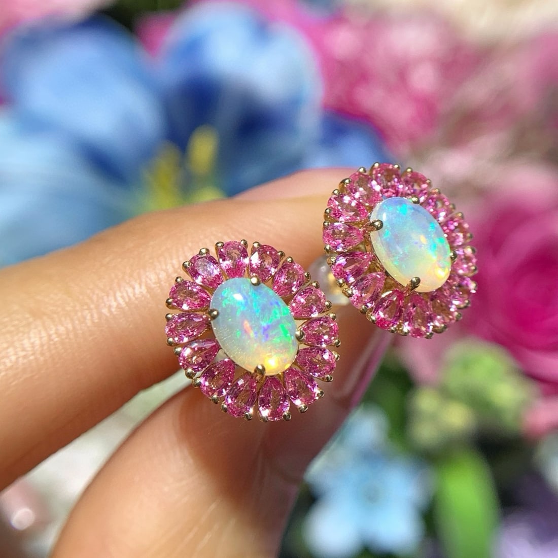 14k Gold 2.89 Ctw Natural Opal & Sapphire Earrings - 2