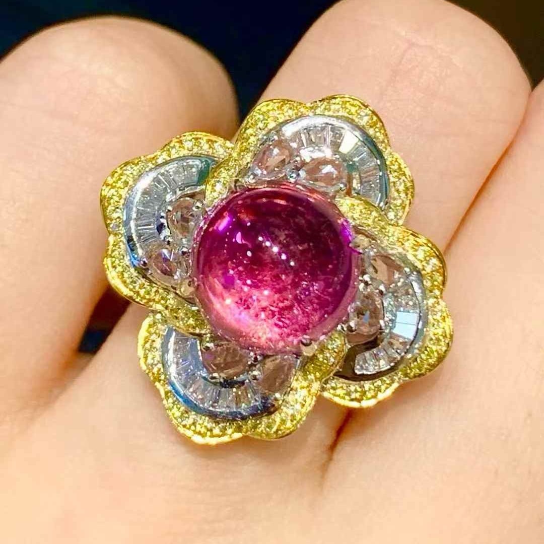 14k Gold 5.3 Ct Natural Tourmaline & Diamond & Sapphire Ring - 2