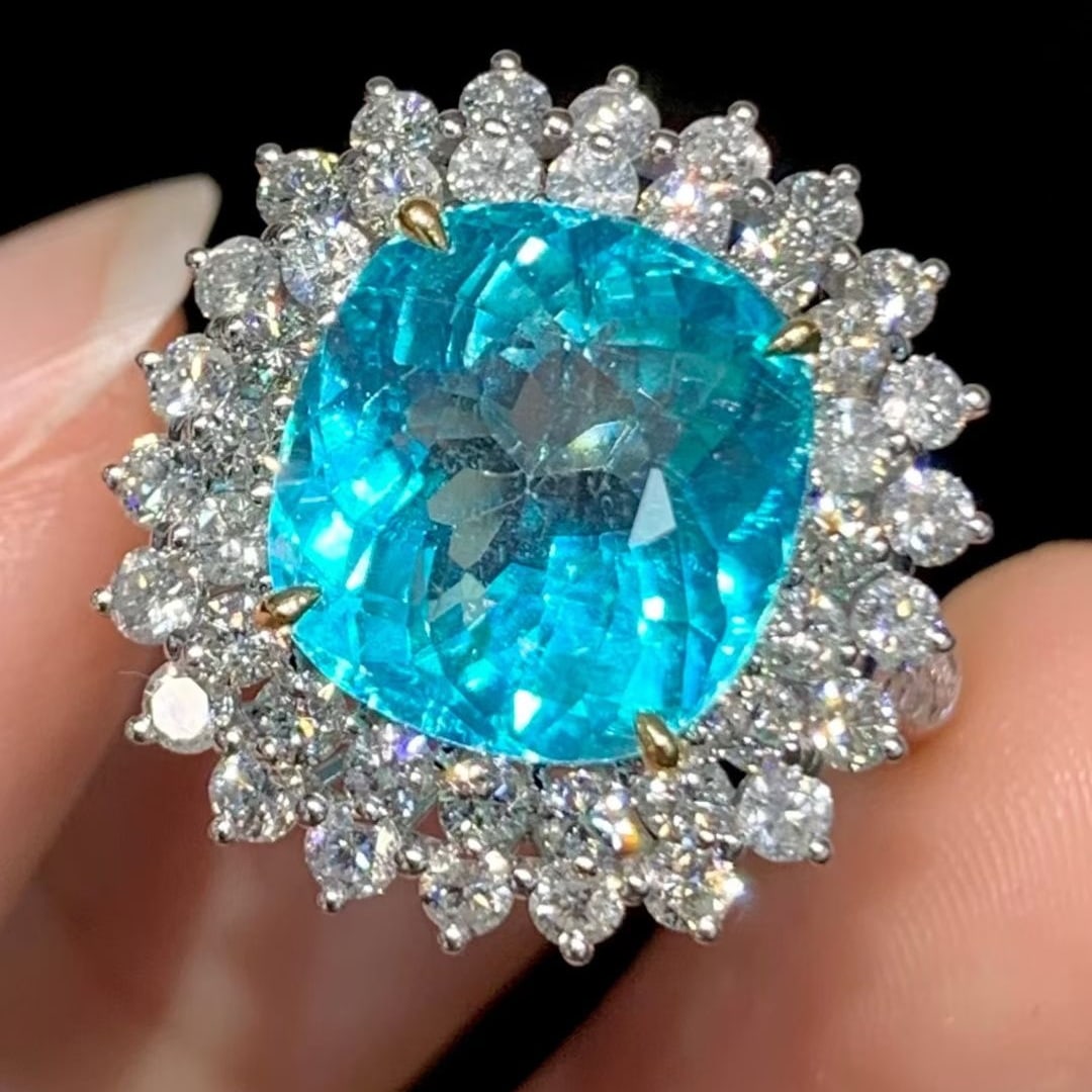 14k Gold 6.3 Ct Natural Paraiba Tourmaline & Diamond Ring: Ref:231085093 // gold content:14k gold // ring size:7. 25us // // main gemstone:paraiba tourmaline // shape:cushion // carat weight:6. 3ct // color:blue // treatment:natural // // adjacent gemstone 2