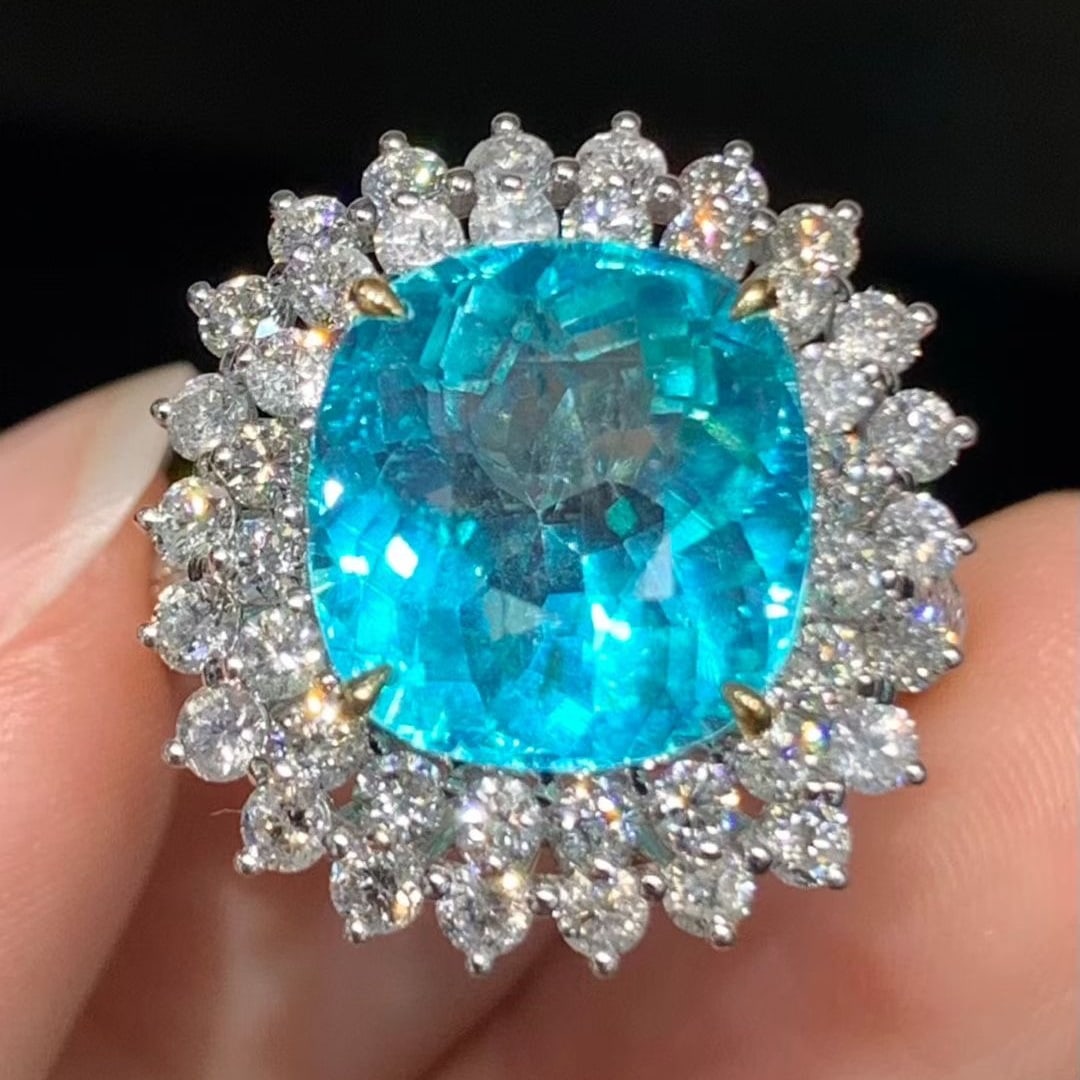 14k Gold 6.3 Ct Natural Paraiba Tourmaline & Diamond Ring - 2