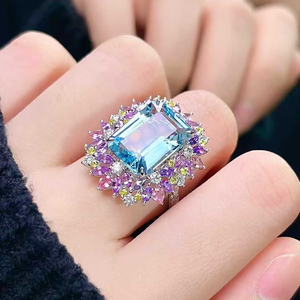 14k Gold 6.28 Ctw Natural Aquamarine & Diamond Ring - 5