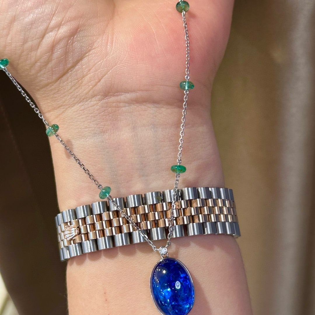 14k Gold 16.70 Ctw Natural Tanzanite & Emerald Necklace - 5