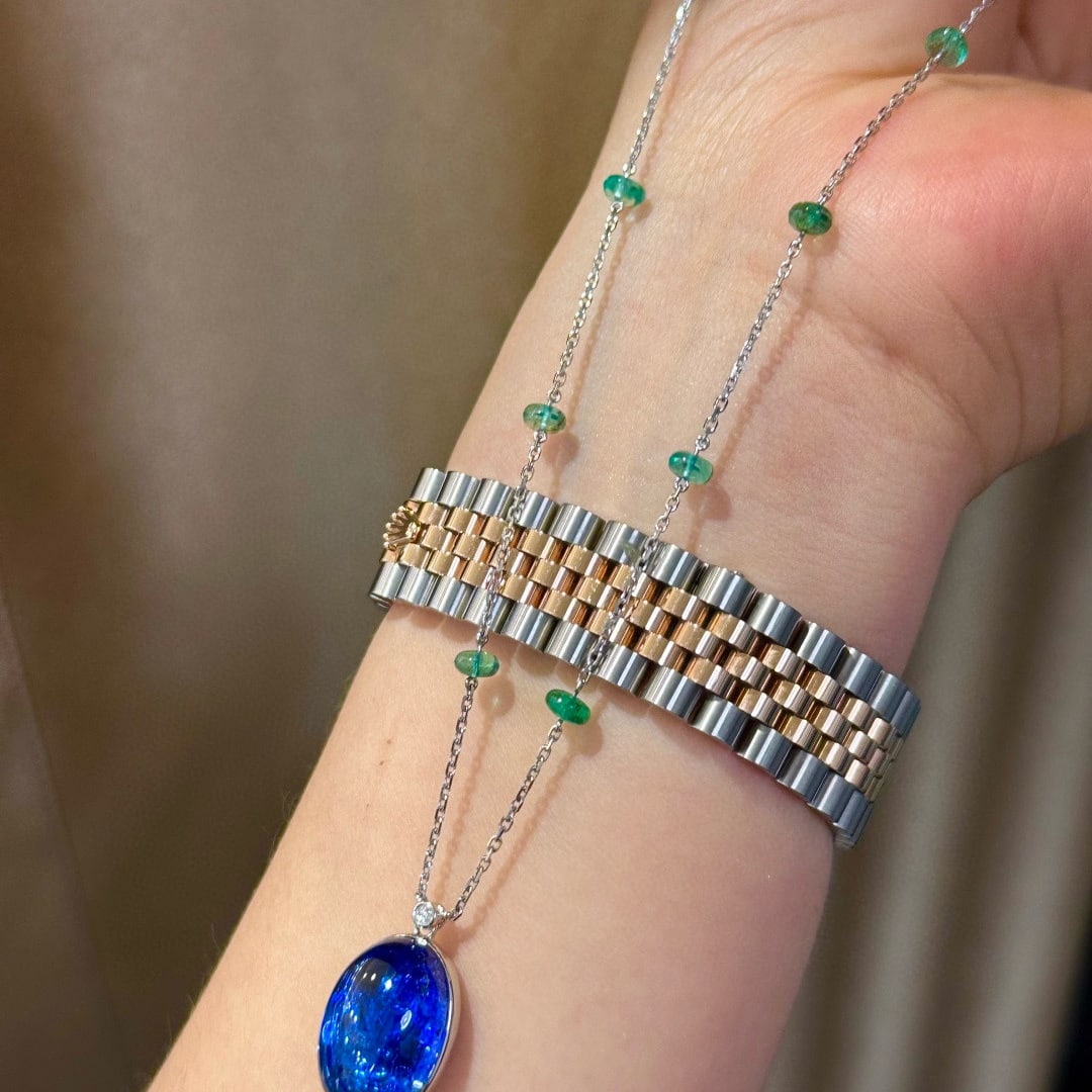 14k Gold 16.70 Ctw Natural Tanzanite & Emerald Necklace - 6