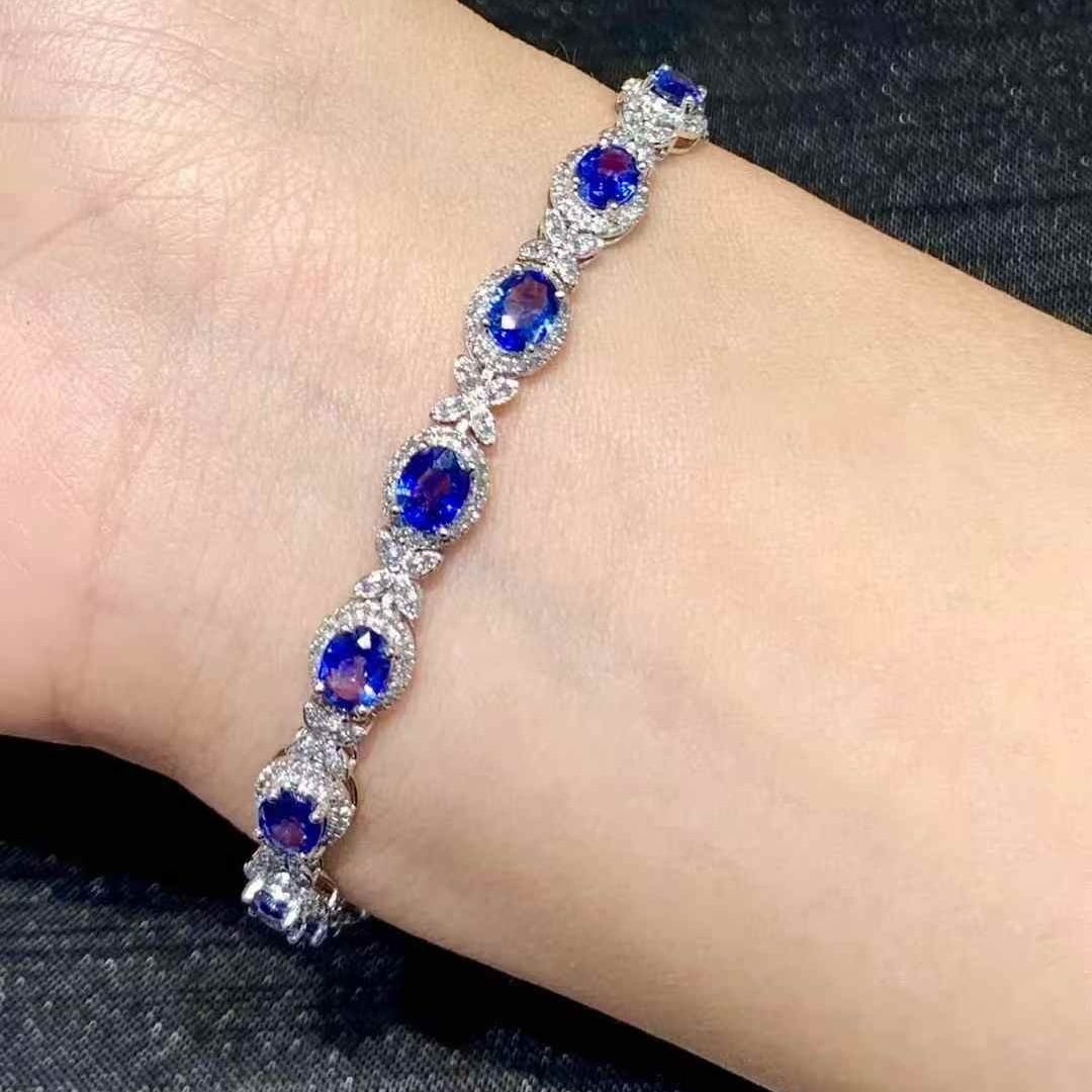 14k Gold 6.6 Ct Natural Sapphire & Diamond Bracelet - 6