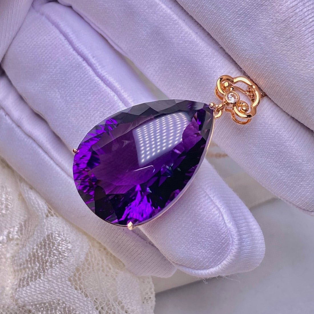 14k Gold 30.50 Ct Natural Amethyst & Diamond Pendant( Without Chain ) - 2