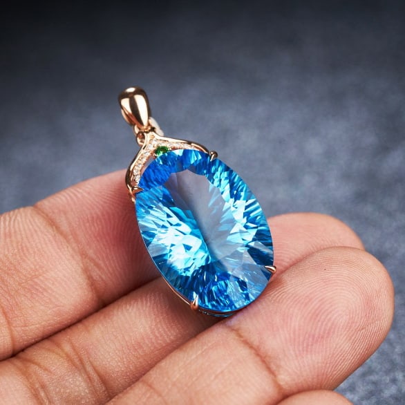 14k Gold 22.88 Ct Natural Topaz & Diamond & Tsavorite Pendant( Without Chain ) - 9