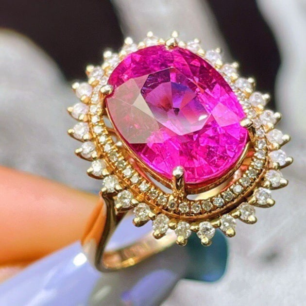 14k Gold 6.3 Ct Natural Tourmaline & Diamond Ring - 2