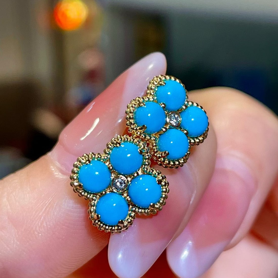 14k Gold 2.35 Ctw Natural Blue Turquoise & Diamond Earrings - 2