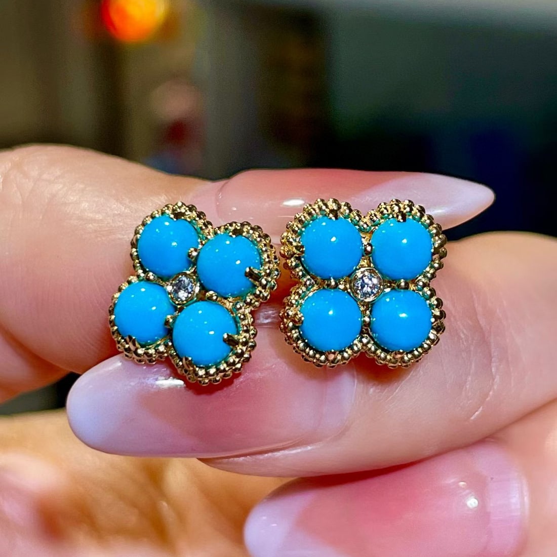 14k Gold 2.35 Ctw Natural Blue Turquoise & Diamond Earrings - 3