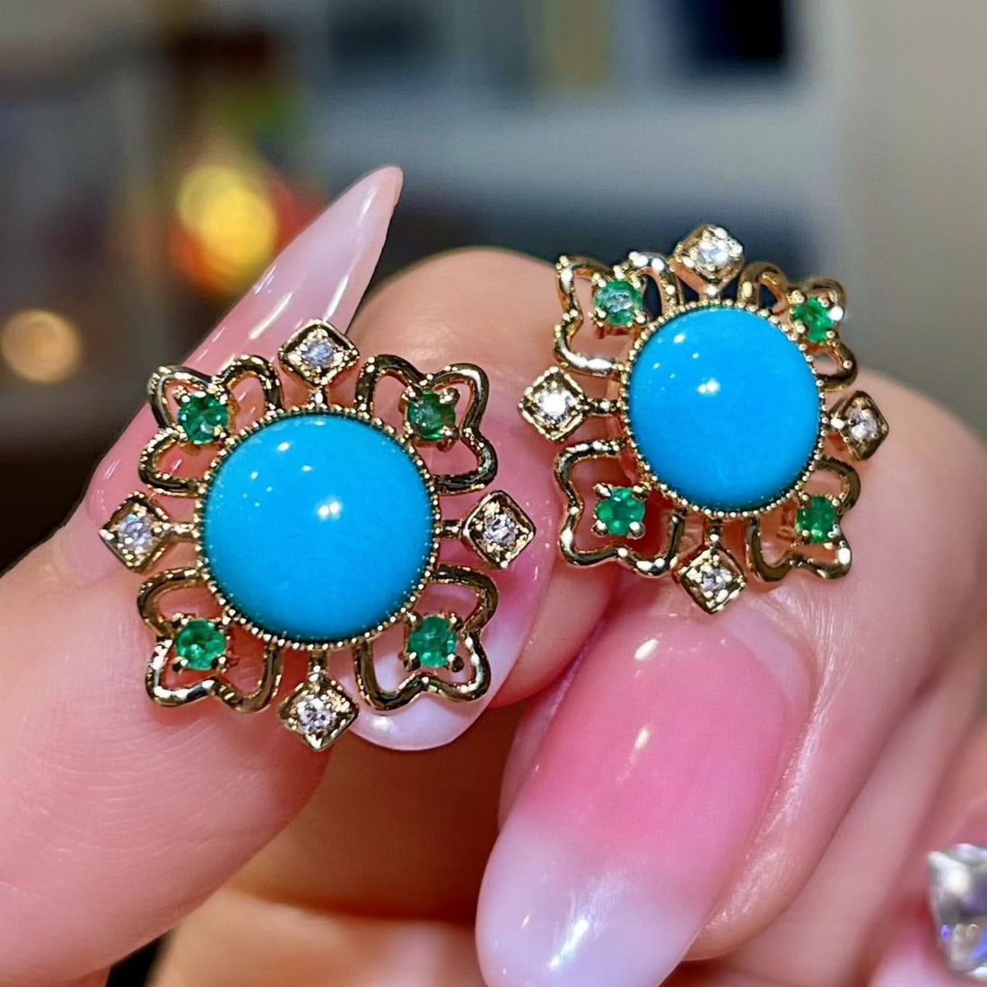 14k Gold 3.61 Ctw Natural Blue Turquoise & Diamond Earrings - 3