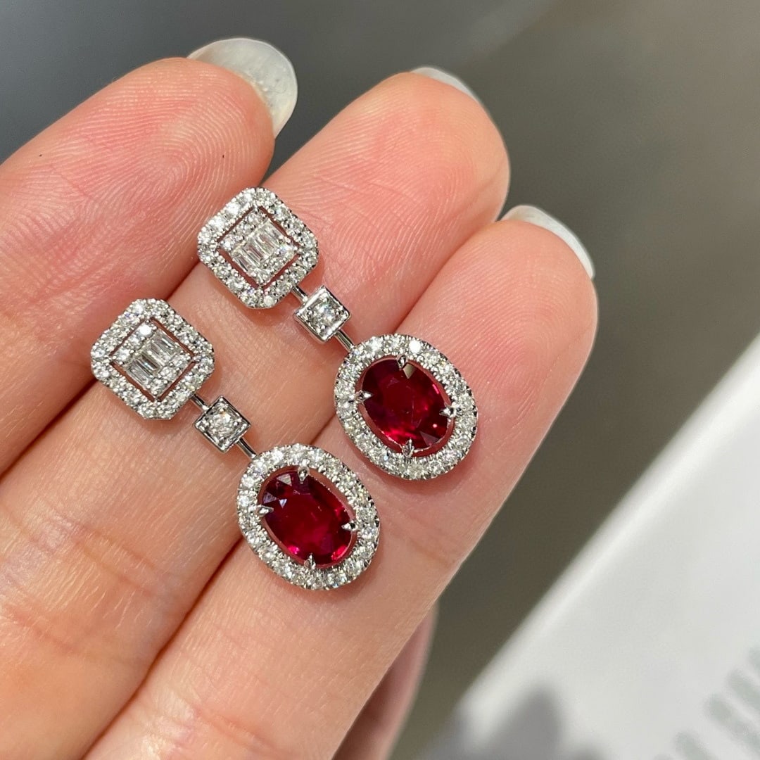 14k Gold 1.50 Ct Vivid Red Natural Ruby & Diamond Earrings - 2
