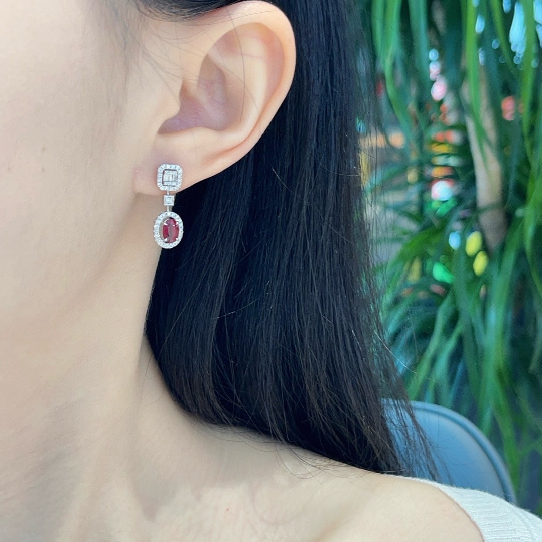 14k Gold 1.50 Ct Vivid Red Natural Ruby & Diamond Earrings - 3