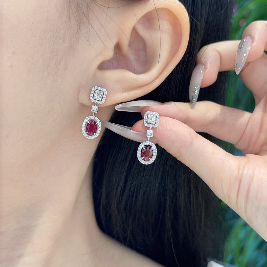 14k Gold 1.50 Ct Vivid Red Natural Ruby & Diamond Earrings - 8