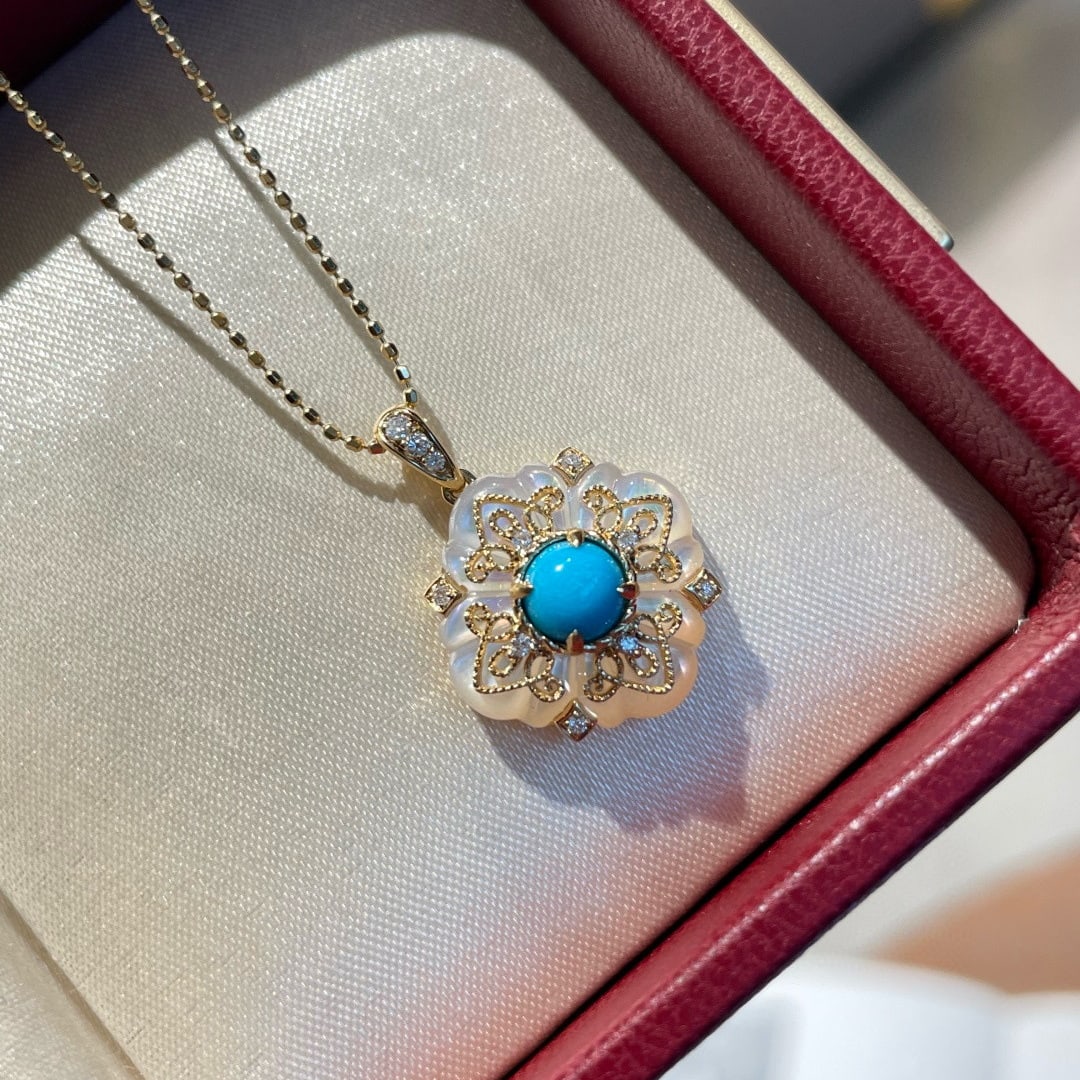 14k Gold 0.55 Ct Natural Blue Turquoise & Diamond Pendant( Without Chain ): Ref:231086155 // gold content:14k gold // main gemstone:blue turquoise // shape:round // carat weight:0. 55ct // color:blue // treatment:natural // cut grade:g // // adjacent gemstone 2 : diamond