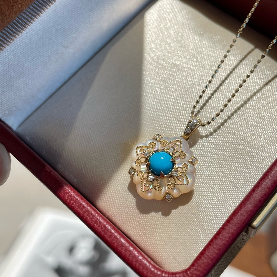 14k Gold 0.55 Ct Natural Blue Turquoise & Diamond Pendant( Without Chain ) - 2