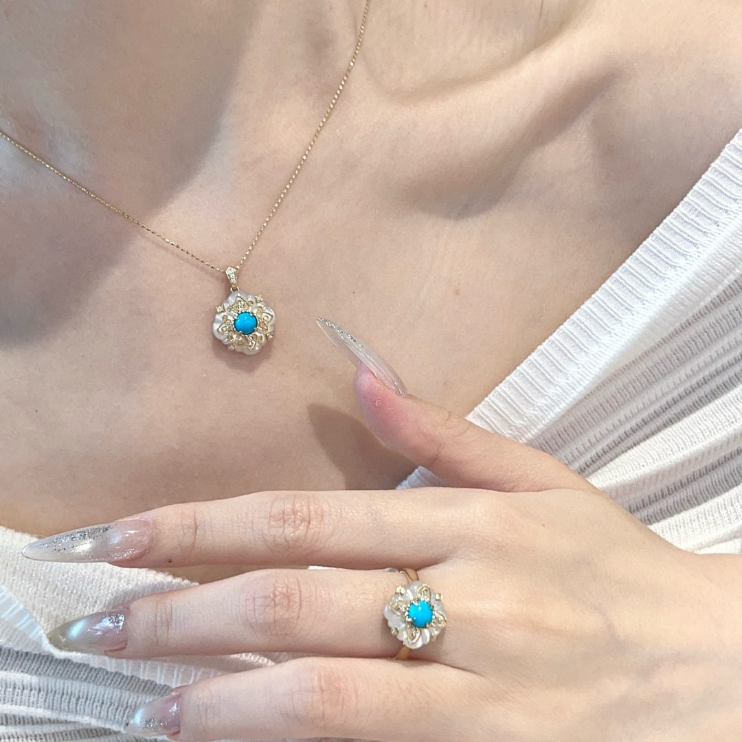 14k Gold 0.55 Ct Natural Blue Turquoise & Diamond Pendant( Without Chain ) - 3