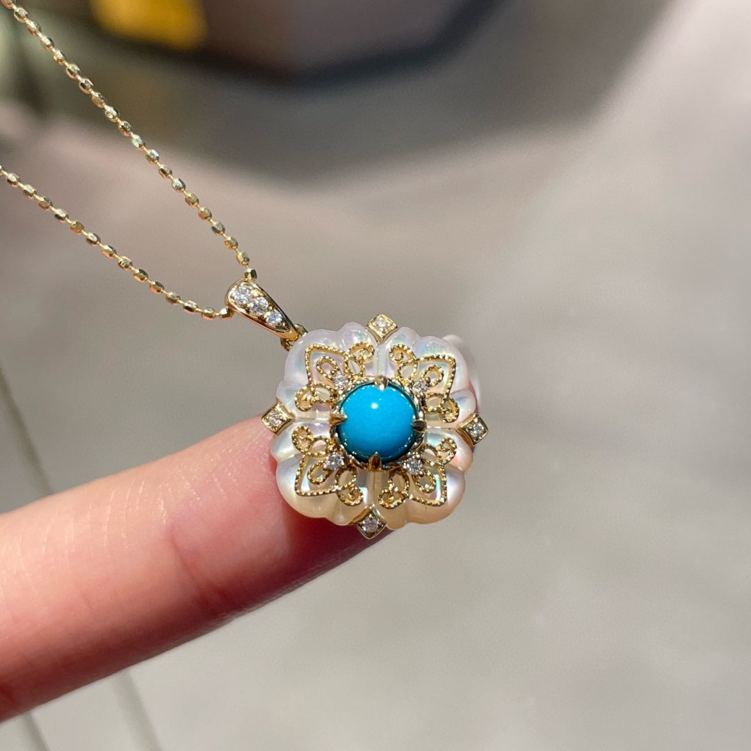 14k Gold 0.55 Ct Natural Blue Turquoise & Diamond Pendant( Without Chain ) - 4