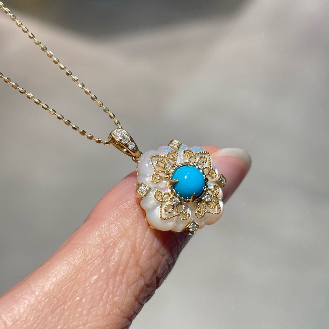 14k Gold 0.55 Ct Natural Blue Turquoise & Diamond Pendant( Without Chain ) - 6