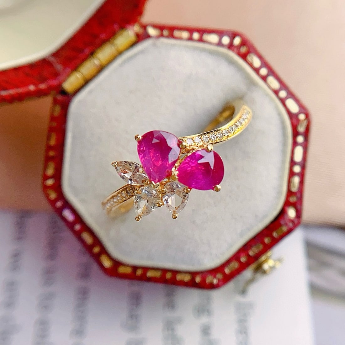 14k Gold 1.00 Ct Natural Ruby & Diamond & Sapphire Ring: Ref:231086171 // gold content:14k gold // ring size:7. 25us // // main gemstone:ruby // shape:pear // carat weight:1. 00ct // color:red // treatment:natural // // adjacent gemstone 2 : diamond //