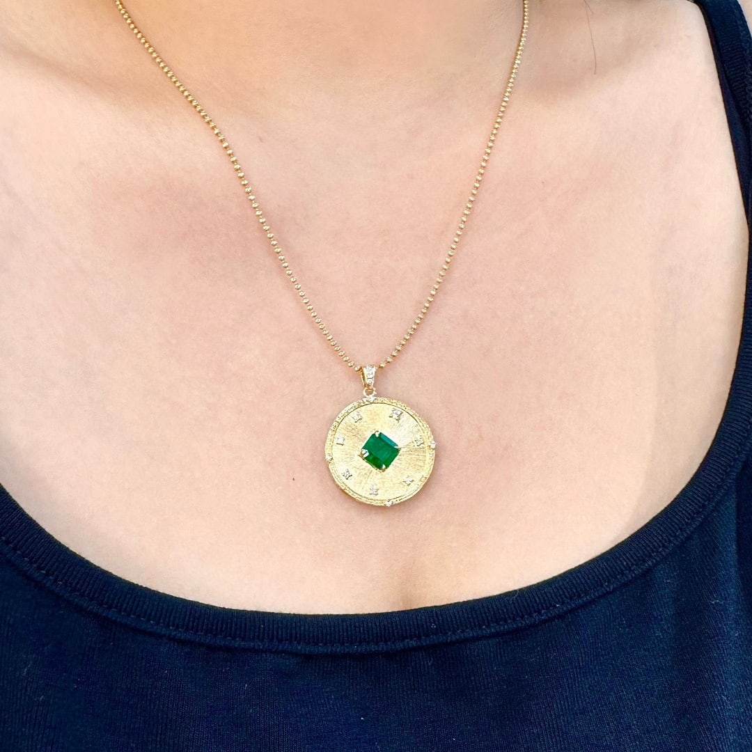 14k Gold 0.78 Ctw Vivid Green Natural Emerald & Diamond Pendant( Without Chain ) - 7