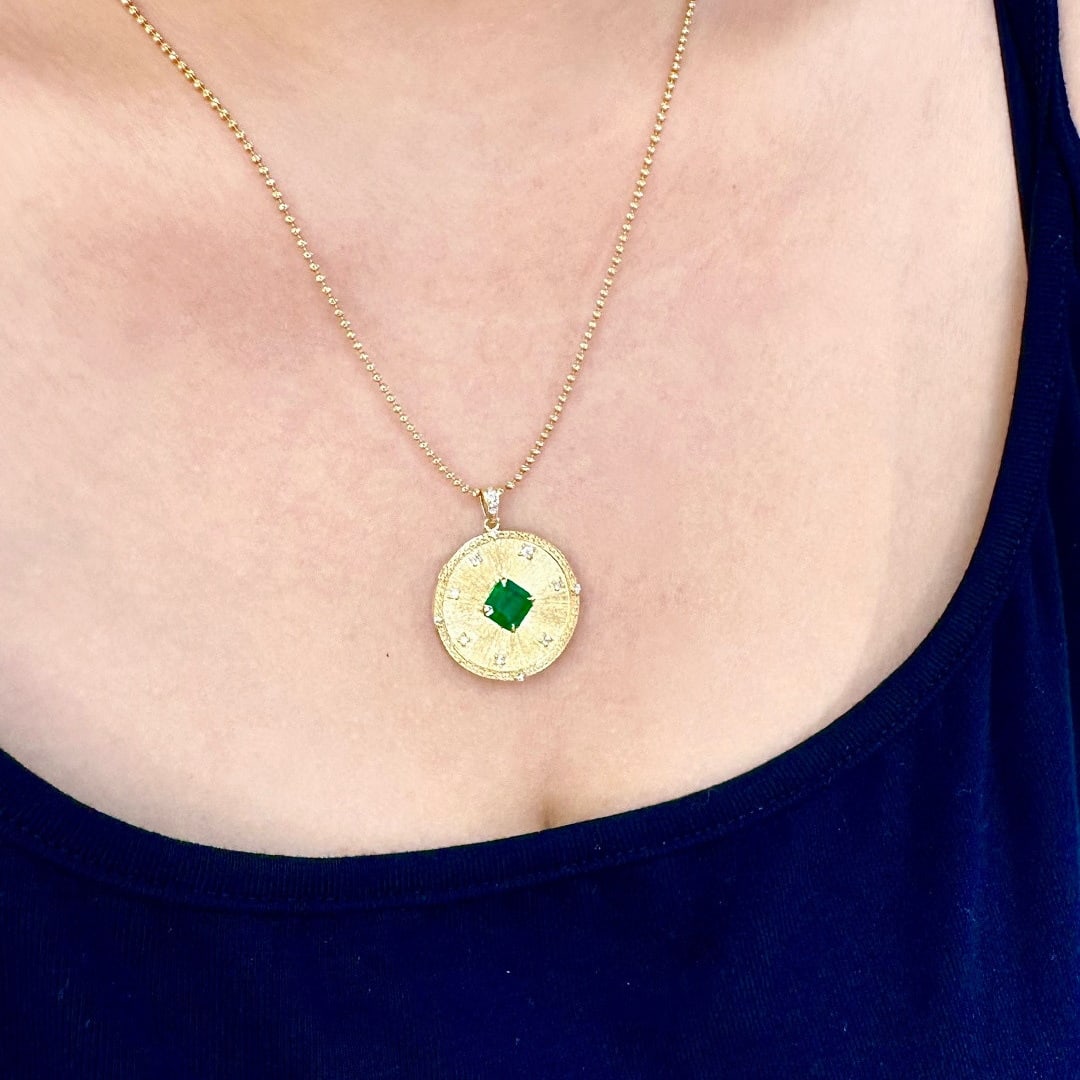 14k Gold 0.78 Ctw Vivid Green Natural Emerald & Diamond Pendant( Without Chain ) - 8