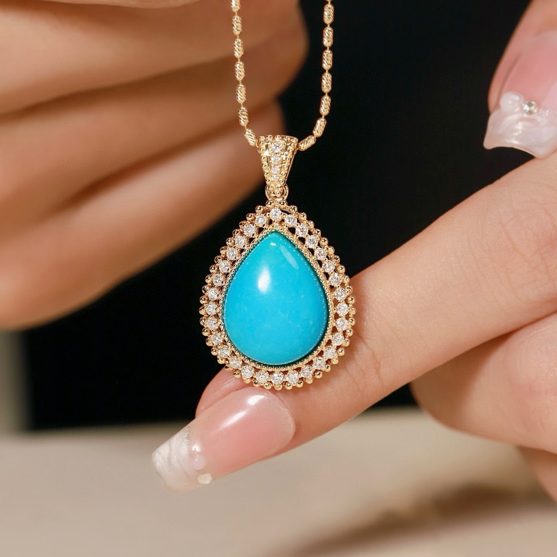 14k Gold 7.83 Ctw Natural Blue Turquoise & Diamond Pendant( Without Chain ): Ref:231086201 // gold content:14k gold // main gemstone:blue turquoise // shape:pear // carat weight:7. 32ct // color:blue // treatment:natural // // adjacent gemstone 2 : diamond // shape:round // ca