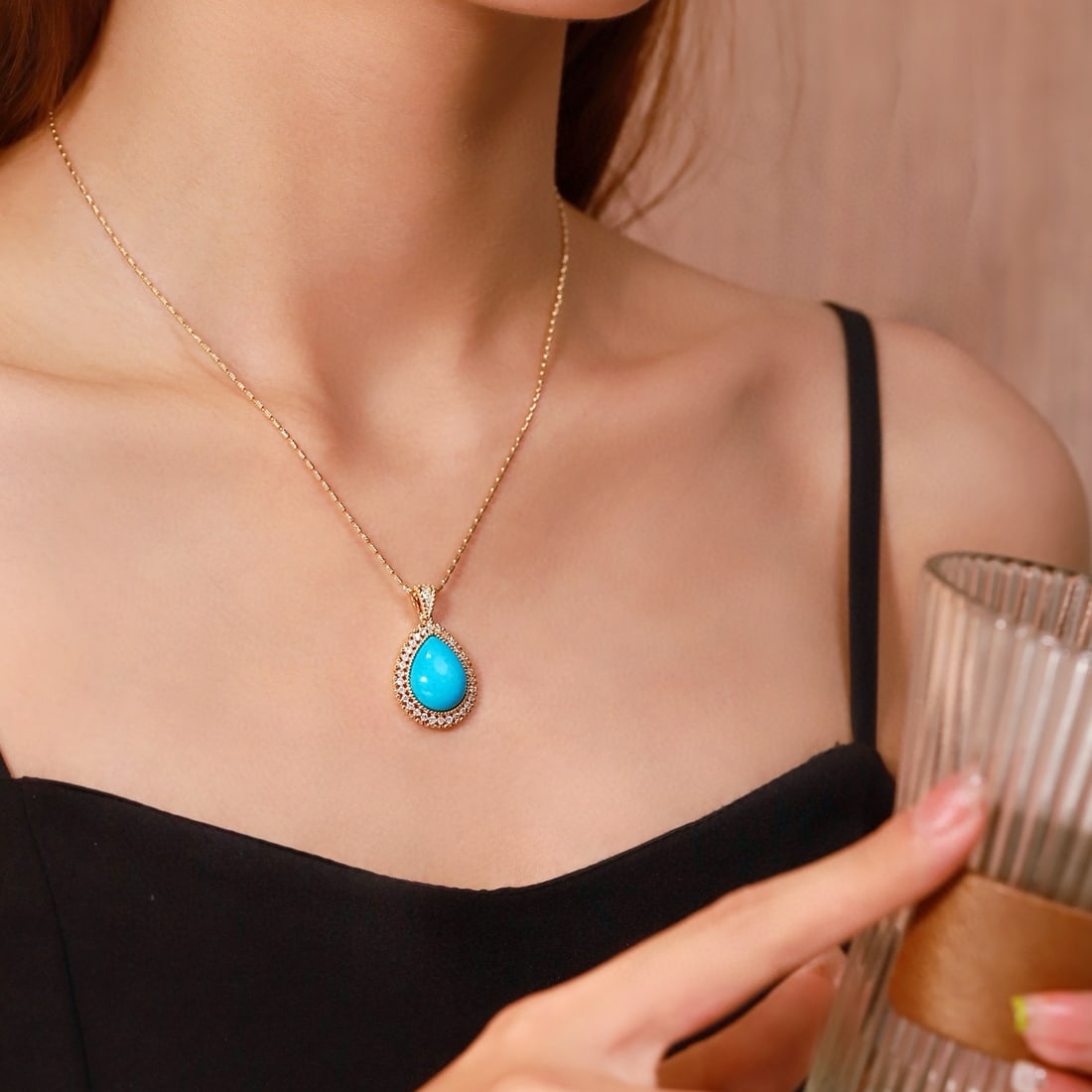 14k Gold 7.83 Ctw Natural Blue Turquoise & Diamond Pendant( Without Chain ) - 3