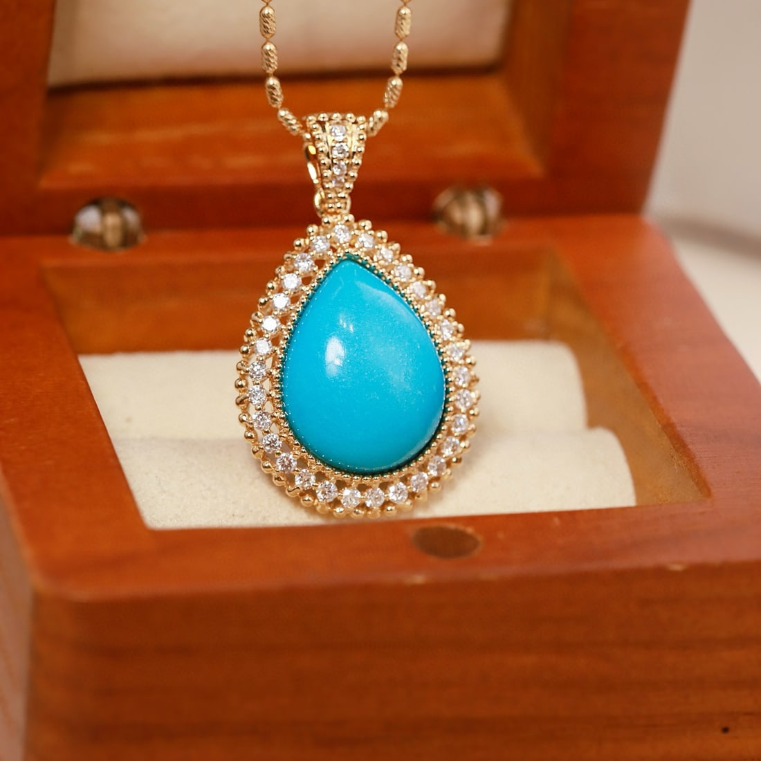 14k Gold 7.83 Ctw Natural Blue Turquoise & Diamond Pendant( Without Chain ) - 4