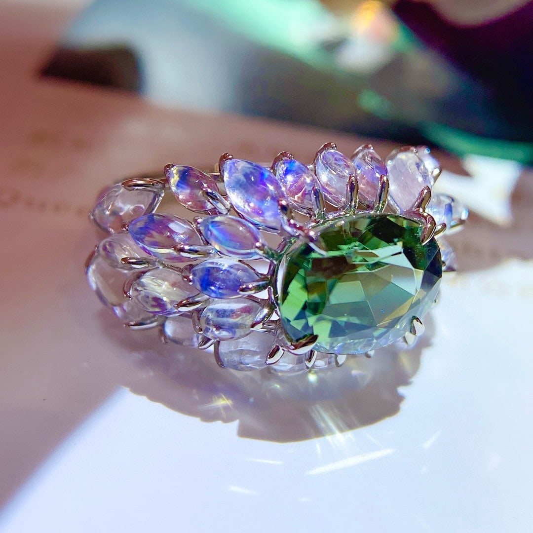 14k Gold 7.2 Ctw Natural Tourmaline & Moonstone Ring - 2