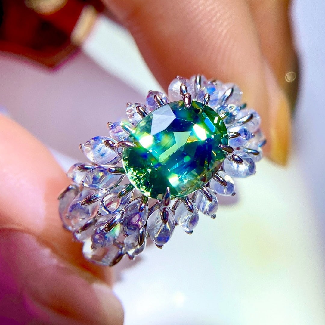 14k Gold 7.2 Ctw Natural Tourmaline & Moonstone Ring - 3