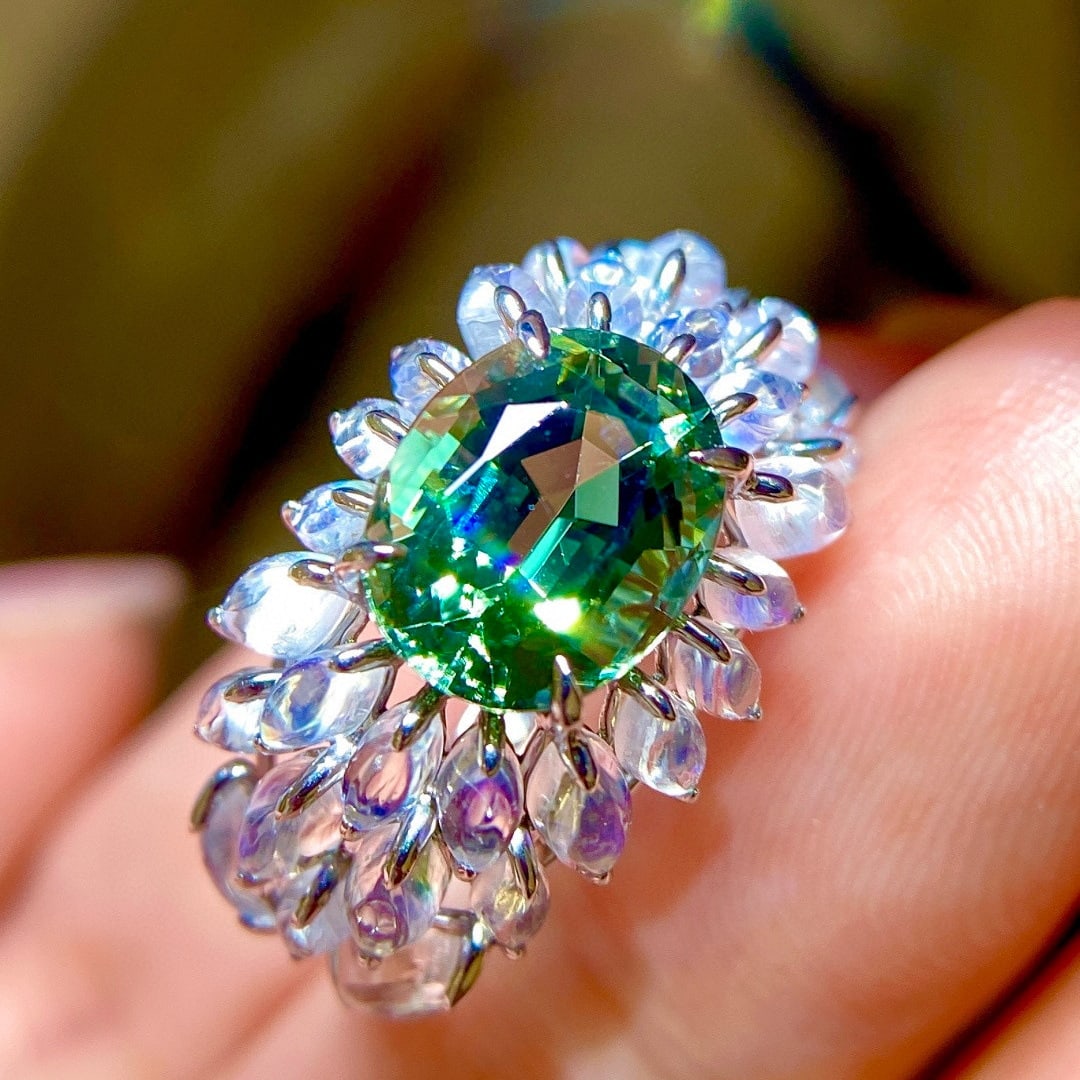 14k Gold 7.2 Ctw Natural Tourmaline & Moonstone Ring - 5