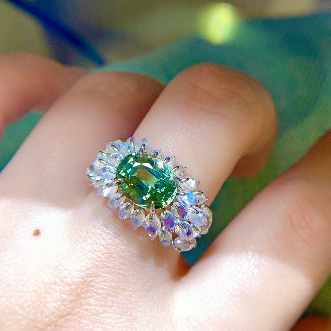 14k Gold 7.2 Ctw Natural Tourmaline & Moonstone Ring - 9