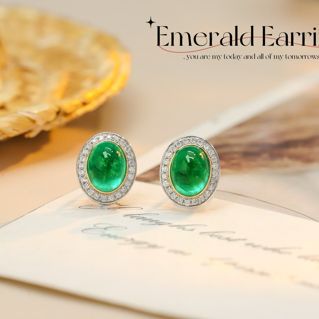 14k Gold 3.88 Ctw Vivid Green Natural Emerald & Diamond Earrings: Ref:231086259 // gold content:14k gold // main gemstone:emerald // shape:oval // carat weight:3. 64ct // color:vivid green // treatment:natural // // adjacent gemstone 2 : diamond // shape:round //