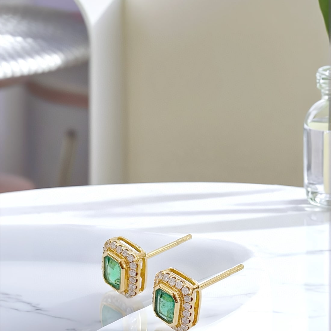 14k Gold 0.48 Ctw Natural Emerald & Diamond Earrings - 2