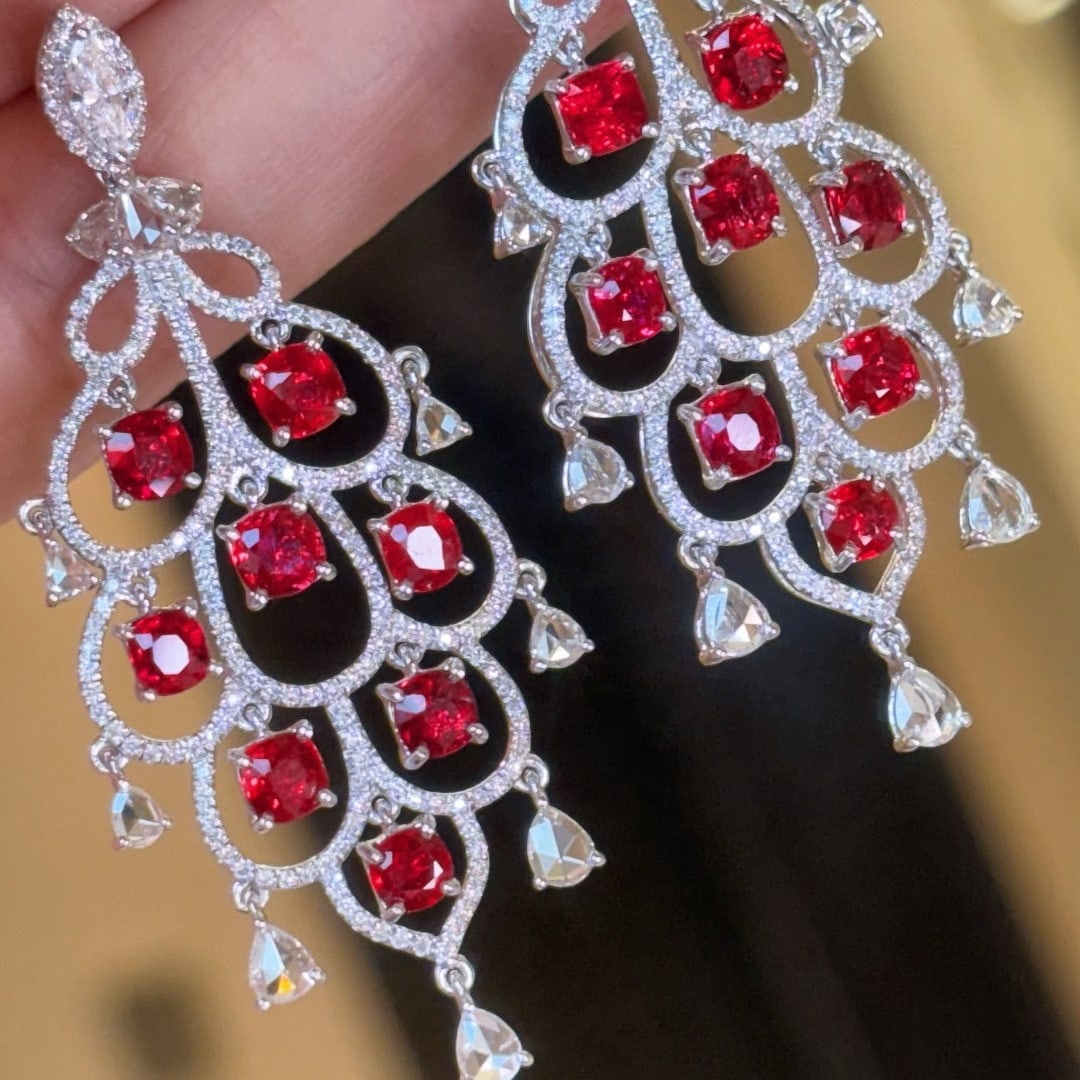 14k Gold 7.2 Ctw Natural Ruby & Diamond Earrings: Ref:231086287 // gold content:14k gold // main gemstone:ruby // shape:cushion // carat weight:5. 1ct // color:pigeonblood red // treatment:natural // // adjacent gemstone 2 : diamond // shape:multiple