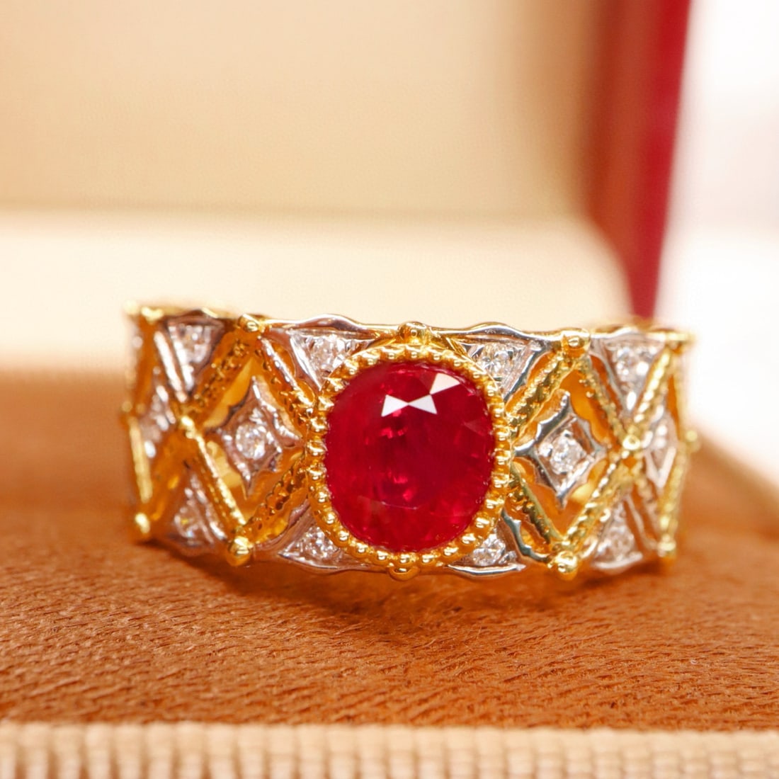 14k Gold 1.17 Ctw Natural Ruby & Diamond Ring: Ref:231086291 // gold content:14k gold // ring size:7. 25us // // main gemstone:ruby // shape:oval // carat weight:1. 04ct // color:pigeonblood red // treatment:natural // // adjacent gemstone 2 : dia