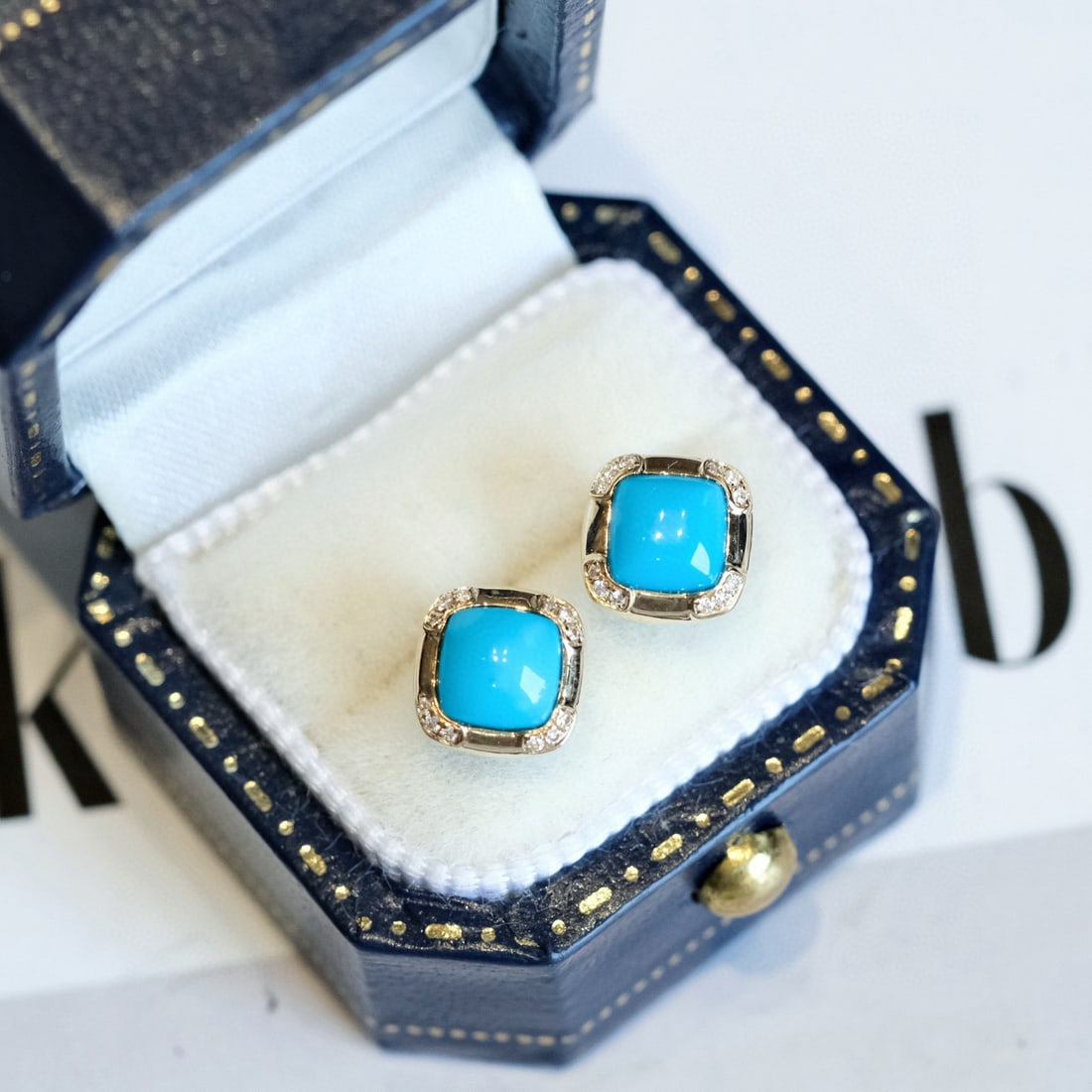 14k Gold 1.24 Ctw Natural Blue Turquoise & Diamond Earrings - 3