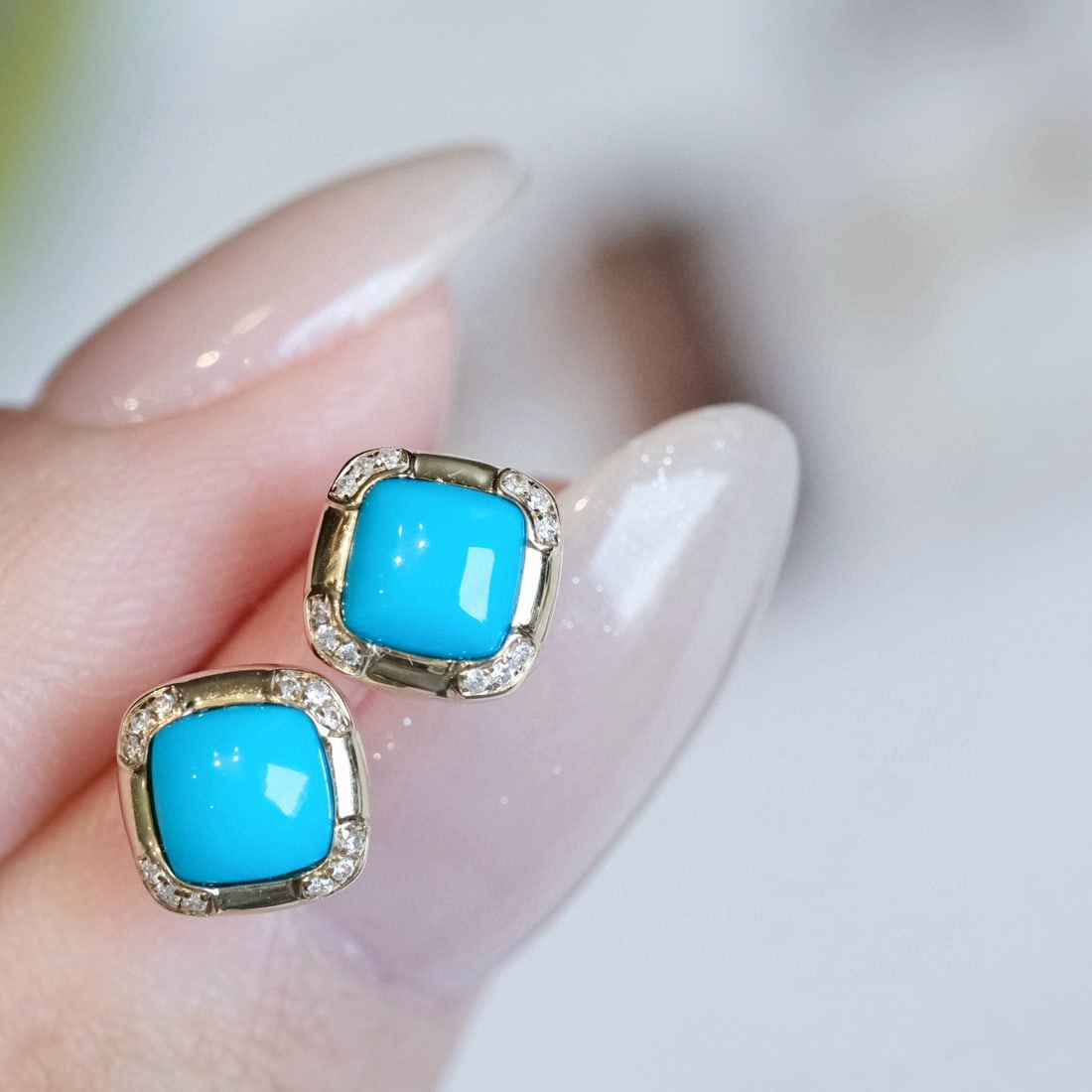 14k Gold 1.24 Ctw Natural Blue Turquoise & Diamond Earrings - 4