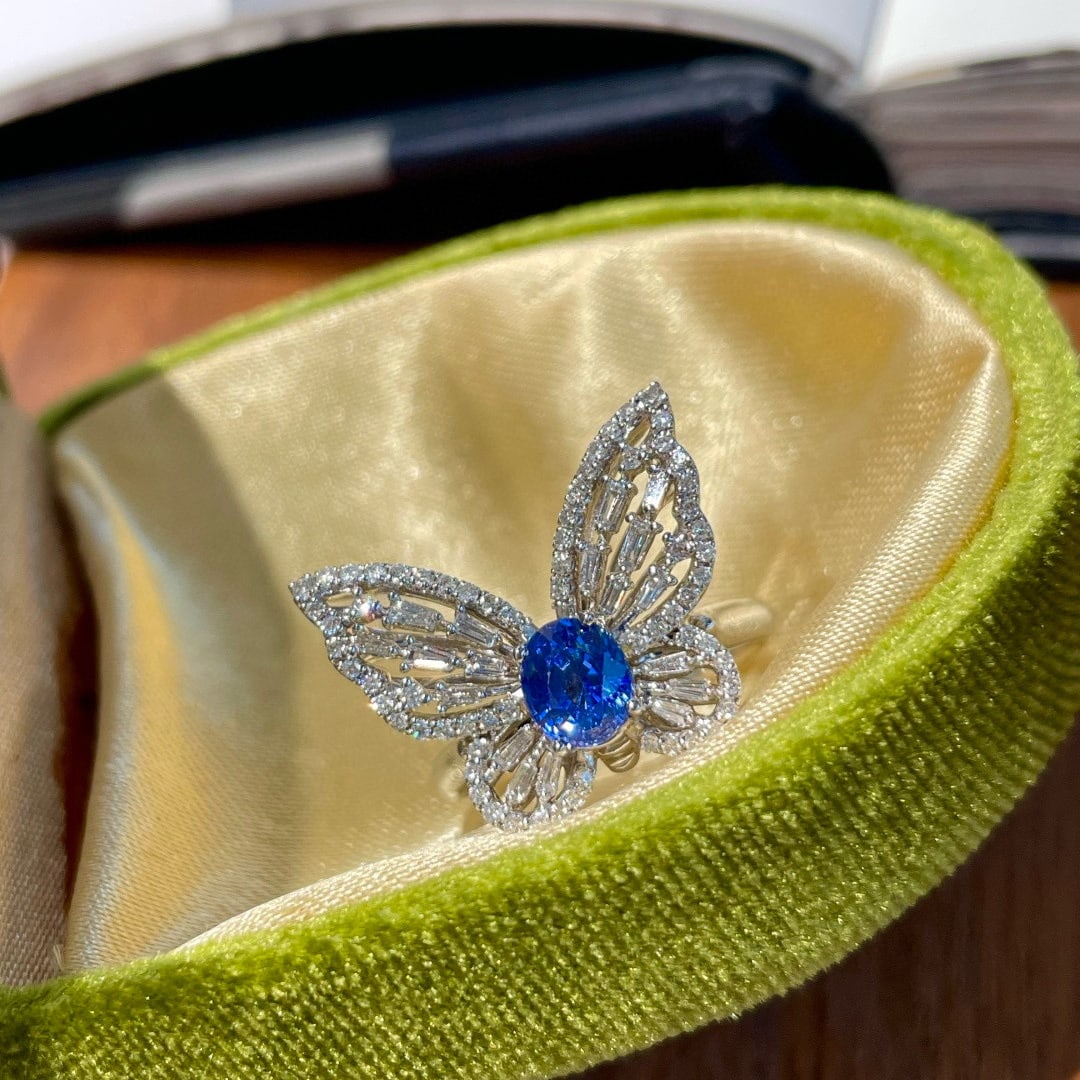 14k Gold 1 Ct Natural Sapphire & Diamond & Butterfly Ring - 2