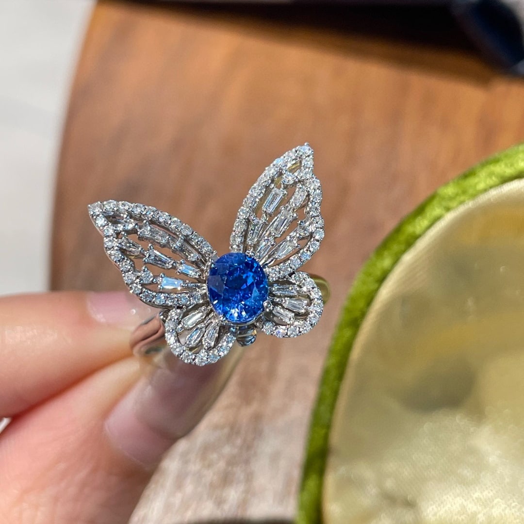 14k Gold 1 Ct Natural Sapphire & Diamond & Butterfly Ring - 3