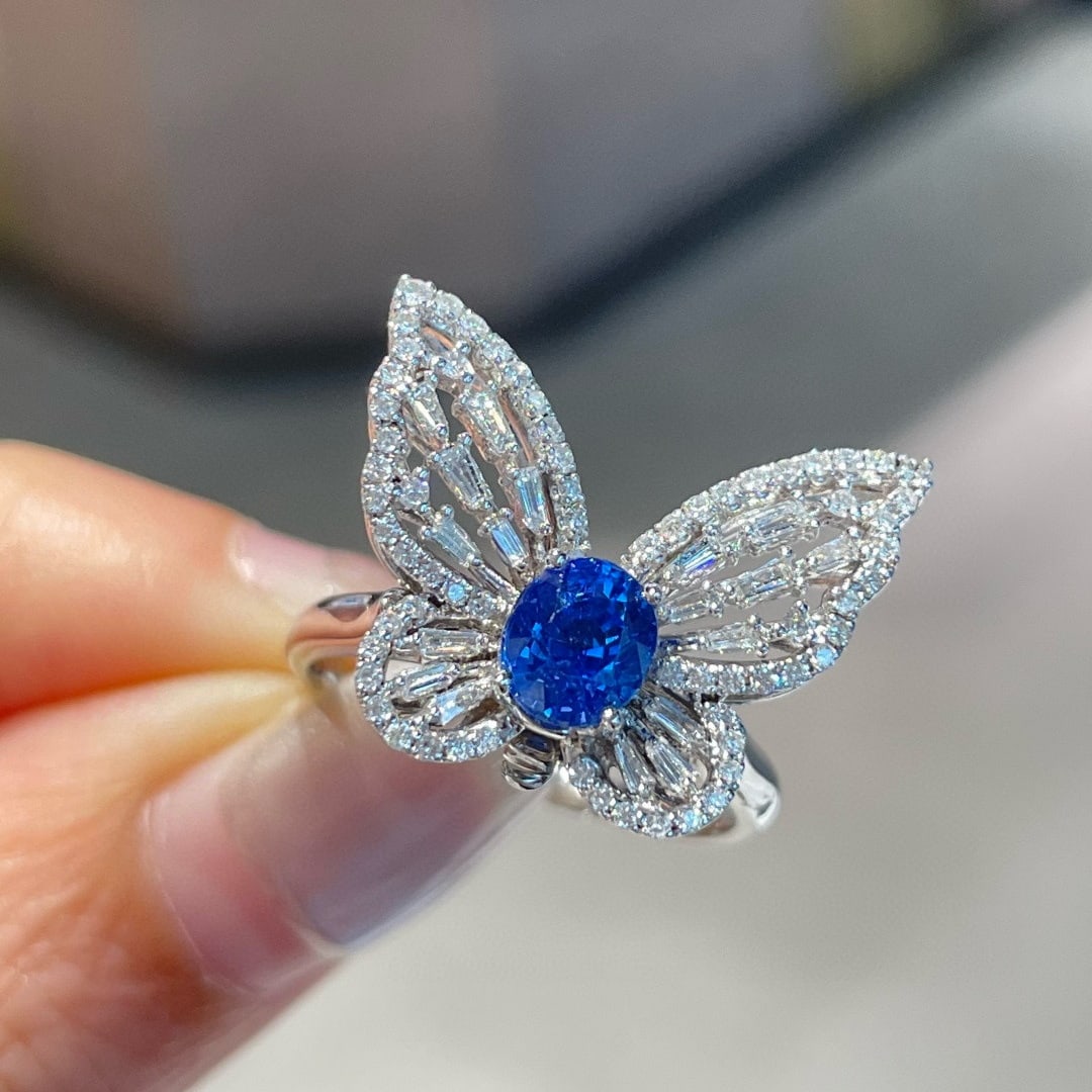 14k Gold 1 Ct Natural Sapphire & Diamond & Butterfly Ring - 4