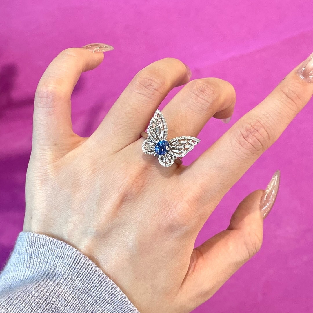 14k Gold 1 Ct Natural Sapphire & Diamond & Butterfly Ring - 5